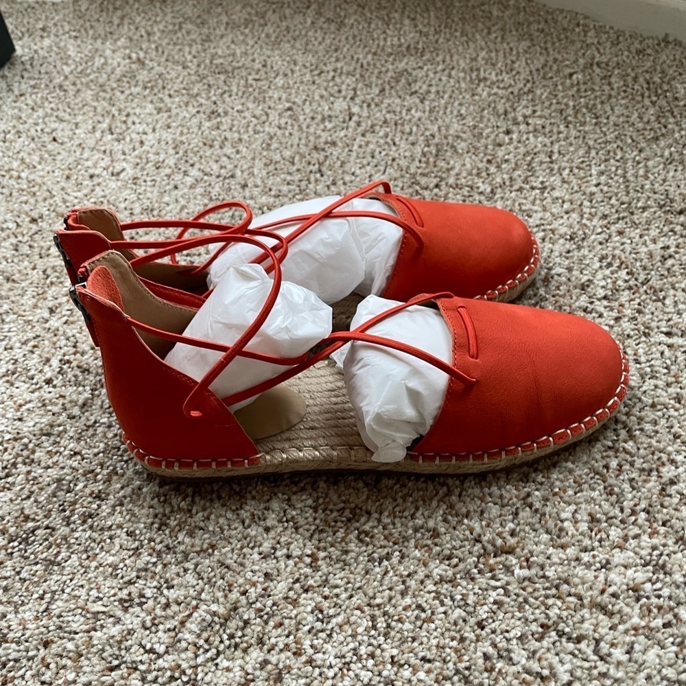 Eileen Fisher Lace Up Espadrille Sandal Womens Tangelo Suede Pebbled Sz 7.5 NIB